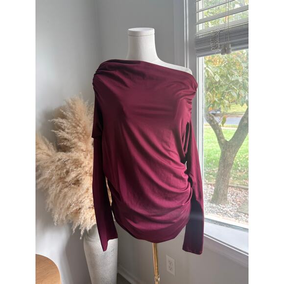 Musera Ruched Long Sleeve Top Size XL Asymmetrical Off Shoulder Burgundy - Picture 4 of 8